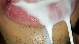 Cum in my mouth, play with your cum, and swallow it, close-up, naughty gay, tongue, sloopy