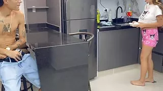 My shy stepsister catches me masturbating in the kitchen while she's making breakfast.