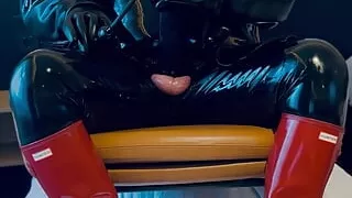 Shiny Red Hunter Brand Rubber Boots and Big Cock