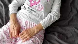 horny teen 18yo in pajama fingering pussy squirt and get cumshot from big cock