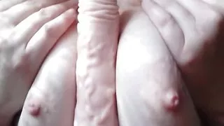 Hot Busty MILF Plays with Hard Nipples and Jerks Big Dildo with Her Big Natural Tits - Solo Masturbation