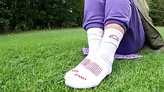 Girl in white socks outdoor feet worship