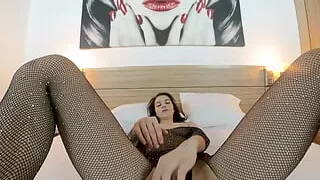 Fishnet Fantasy: Brunette Slut's Sensual Masturbation Delight