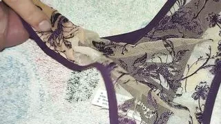 Cumshot in my girlfriend's new thong handjob cum on thong