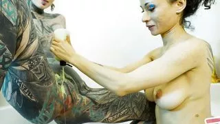 Stacy Bloom and Anusskatzz - Lesbian Games in the Bathroom, Fisting, Squirt, Dildo Anal.