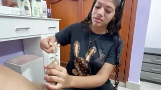 My stepbrother teaches me how to use a condom and ends up me very well until he breaks the condom full of a lot of milk.