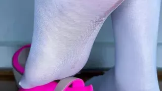 Ebony Girl Slowly Removes Pink High Heels & White Pantyhose