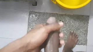 Hot boy masterbating in the bathroom during washing clothes