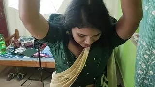 Kerala half saree BDSM hand tied on ceiling and blindfolded boobs suck of Vaishnavy by Sharun Raj,  Hands tied and blindfolded
