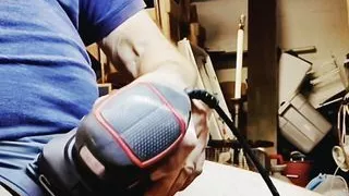 Watch his cock cum all over a wood sander