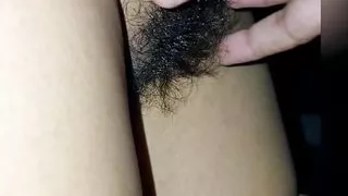 Husband playing with my dark hairy pussy