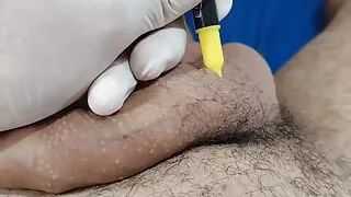 Young man prepares his dick for transplant surgery.