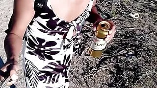 Delicious shemale in mini dress and sandals walking in very hot public