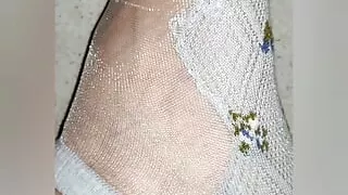 Nylon socks fetish , legging cum