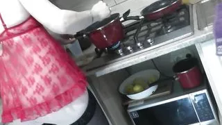 Naked cooking Two. No panties in transparent negligee in stockings high heels sexy blonde Milf. Natural tits. Ass. Pussy Shaved