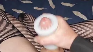 On My Bed Masturbating with My Cock Sleeve Closeup to a Lovely Intense Cum Squirt in My Leather Skirt