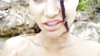 Monika Fox Swims in Sea and Fucks Pussy with a Big Dildo on a White Sand Beach