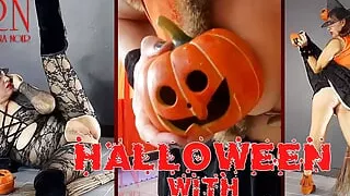 Halloween Witch in Rtgina Noir Witch with Pumpkins and a Broom. Regina Noir Velma Dinkley Yellow Pantyhose