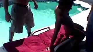 A Brunette Gets Slammed by Two Hard Cocks After They Watch Her Sunbathe