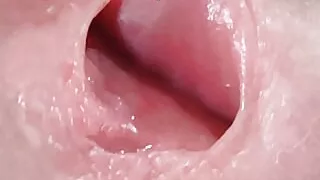 Dilated veins and wet hole, the boy squeezes the gland.