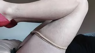 Plugged, tiny-clit sissy cums in leotard, tights & heels