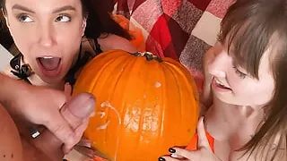 Kate Quinn & Mary Frost -- Halloween 3Some and cum on pumpkin