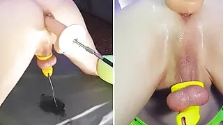 Close up anal dildo fucking makes me squirt piss in my chastity cage