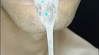 Cum in my mouth, play with your cum, and swallow it, close-up, naughty gay, tongue, sloopy