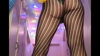 Posing in My Sexy Yellow Suit and Stripe Pantyhose