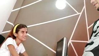 I ask my older stepbrother to help me with the homework and I let him fuck me nice for my tight pussy