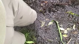 Woodland self piss pants wetting and mud sinking
