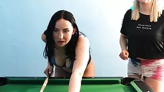 Big tits lesbian couple friendly strip pool game