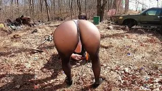 Thong Bodysuit Over Pantyhose - Outdoor Chores