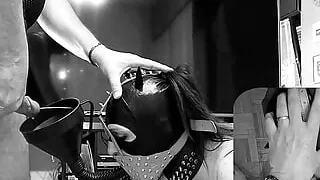 Halloween Scary Cumming and Pissing to Slave Slut Mouth Through a Funnel Gag