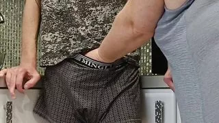 my mother-in-law sucks my dick in the kitchen and I cum in her mouth