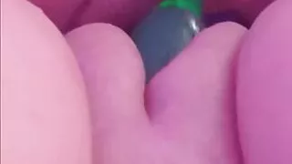 My boyfriend playing with my phat pussy with the little green monster  until I cu.