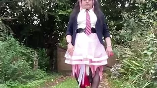 In a schoolgirl-style outfit with a pink petticoat for a night out