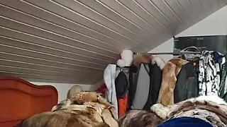 German man have fun in his fur bed