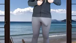 Huge cock shemale does yoga in beach house