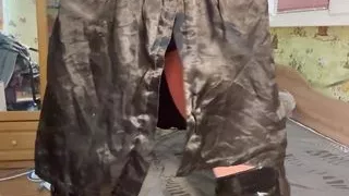 Full back black sheer nylon panty stuff in ass with dildo