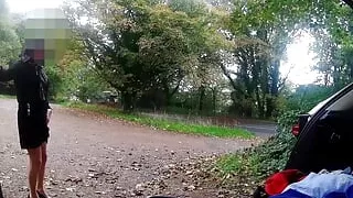 Cross dresser in car park risky flash and wank to passing cars, nearly caught