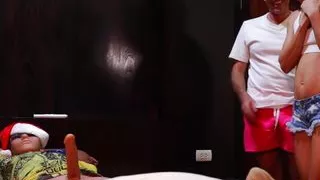 Christmas amateur FMM threesome double penetration with sex doll and cum on face