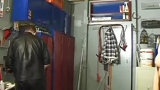 Mature German slut dominated by her master in the workshop