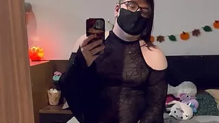 Big cum from halloween lingerie sissy
