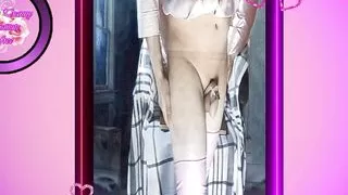 Whore in training wants to fuck with her pink vinyl jacket with big buttons and wants a gaping ass