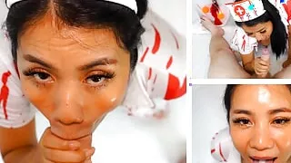 Thai Babe in Halloween Costume Sucking Cock