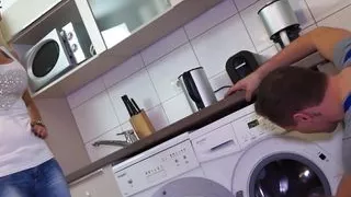 GERMAN PLUMBER shows customer his hard pipe