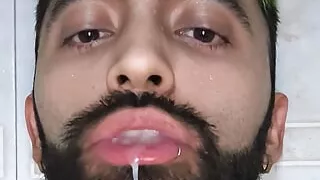 Camilo Brown Jerking His Big Uncut Cock in the Shower and Eating His Own Cum