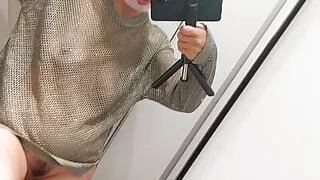 A hot amateur wife tries on clothes in the dressing room. Sexy Latina hairy pussy, big tits, big ass, big nipples.