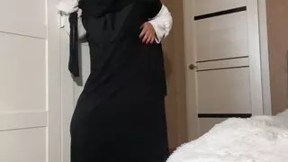 Stepmom in hijab shows pantyhose to her stepson